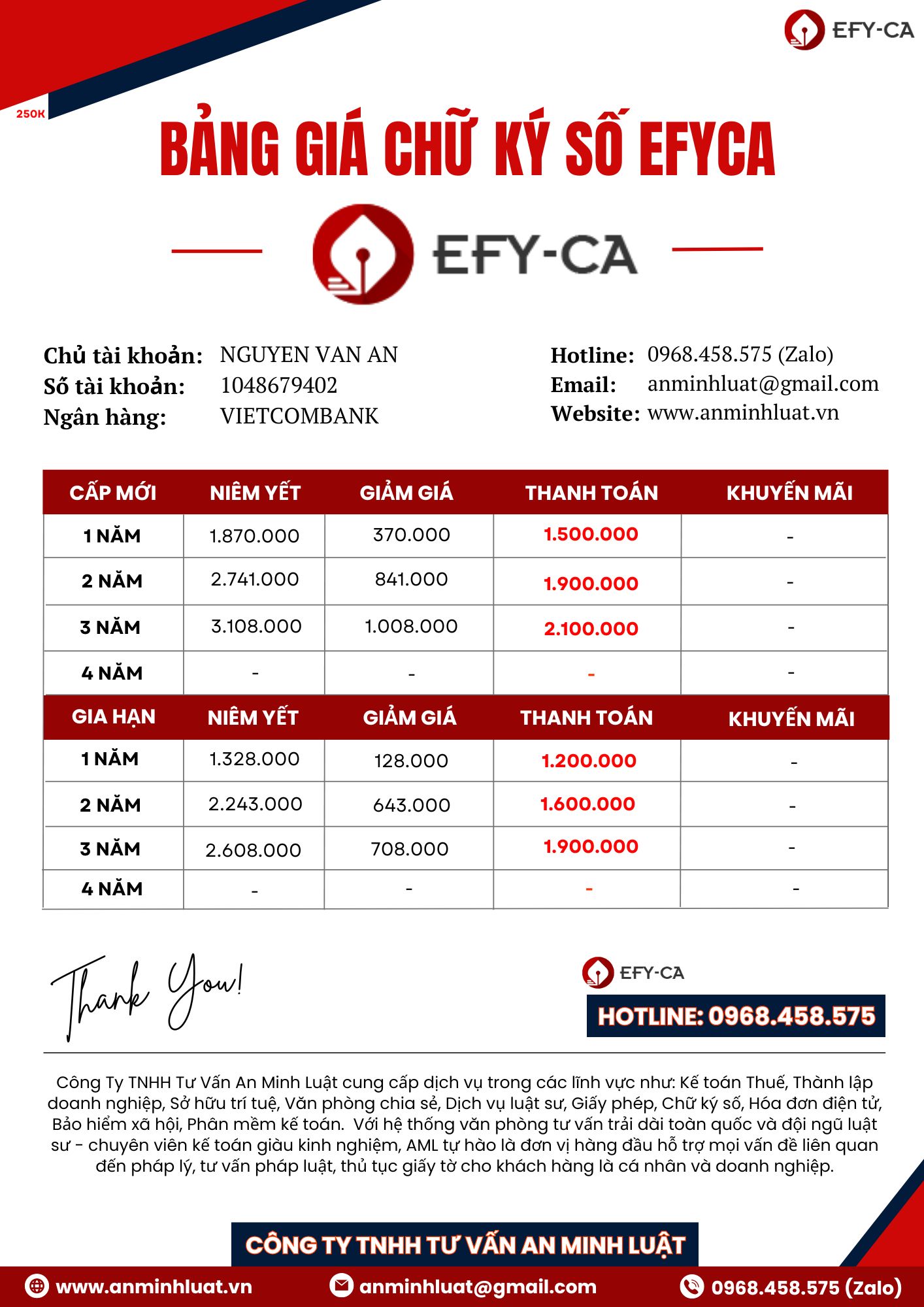 BẢNG GIÁ CHỮ KÝ SỐ EFY
