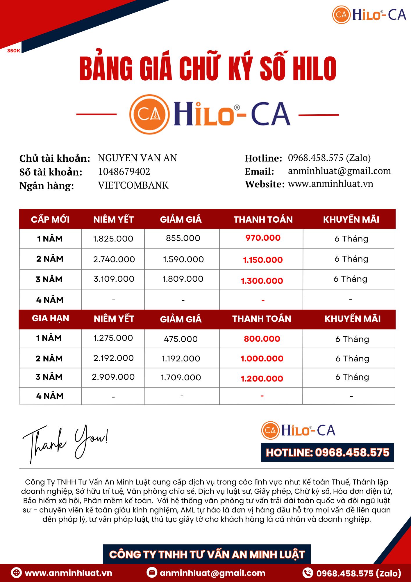 BẢNG GIÁ CHỮ KÝ SỐ HILO-CA